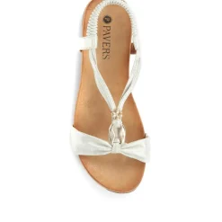 Flat Strappy Sandals - White-Silver