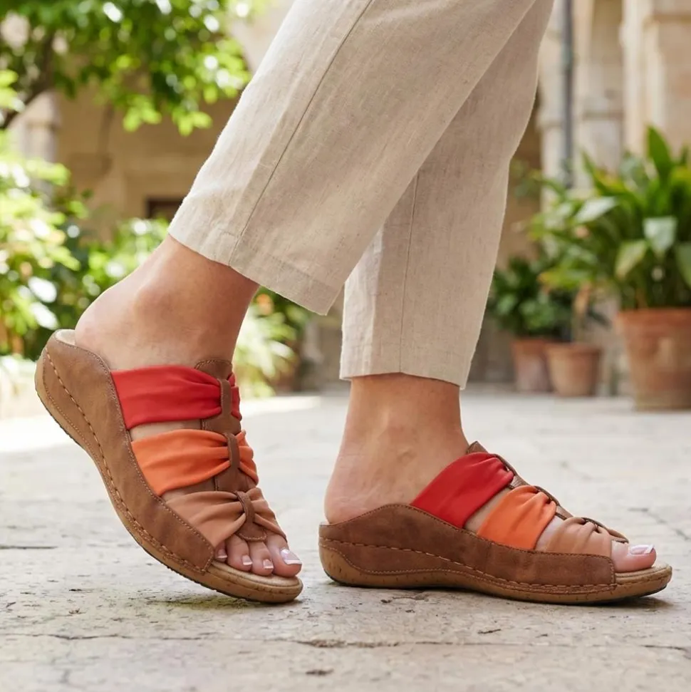 Flexible Triple Bow Cushioned Sandals - Tan-Red