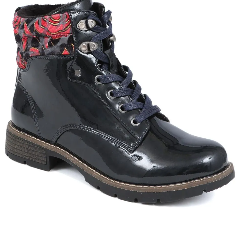 Floral Cuff Ankle Boots - Black Patent