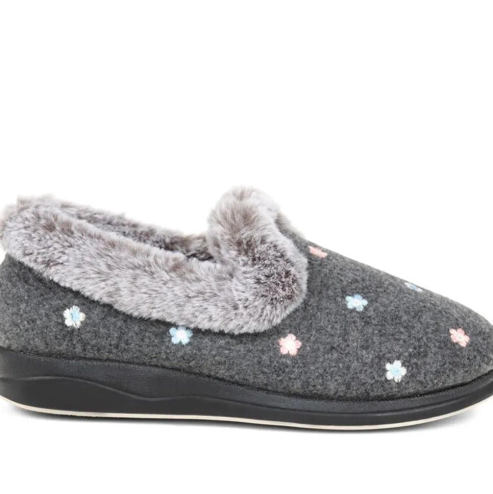 Floral Faux-Fur Slippers - Grey Floral
