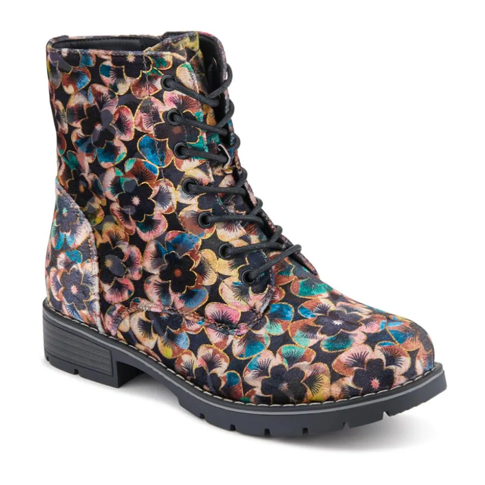 Floral Lace-Up Ankle Boots - Floral