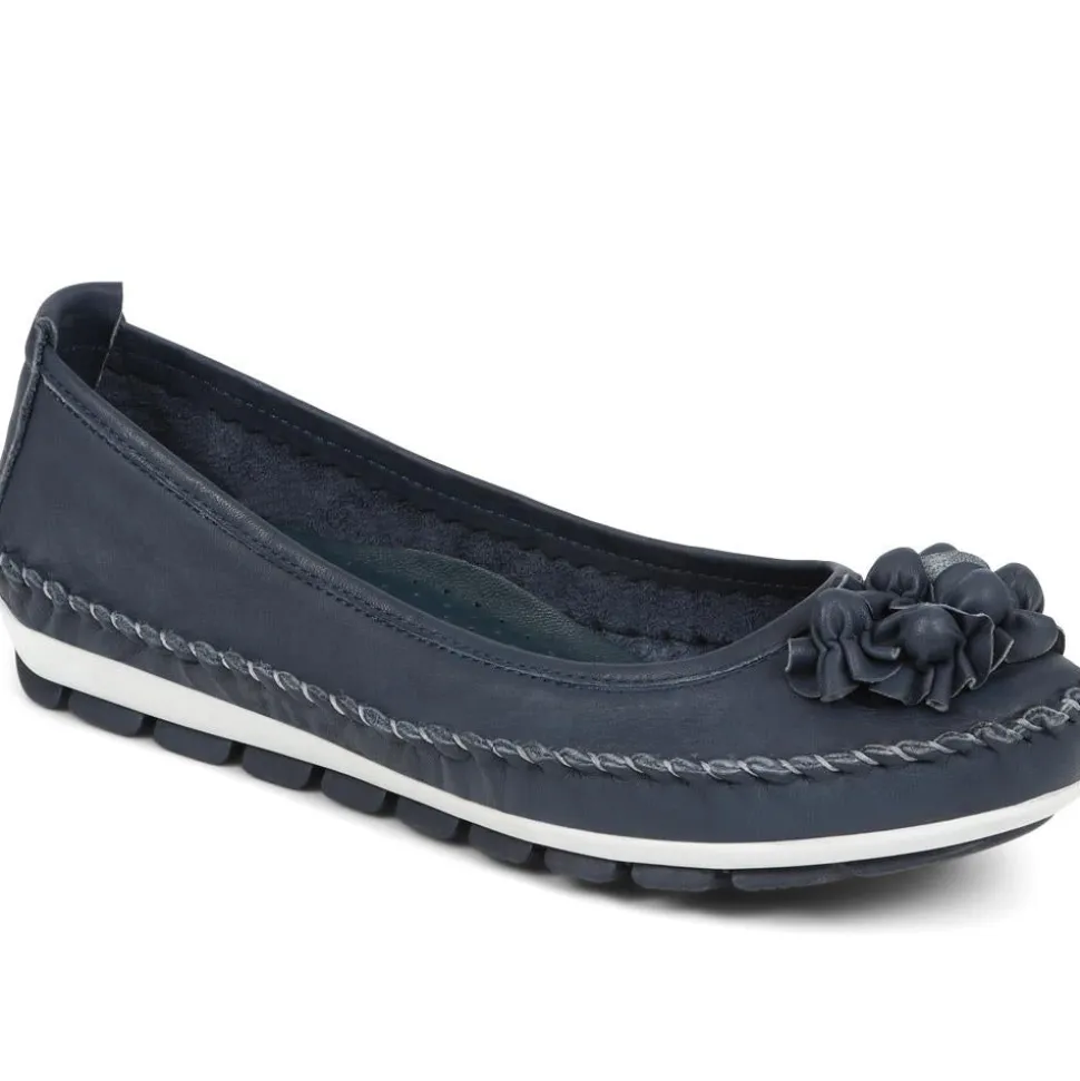 Floral Leather Ballet Pumps - Navy
