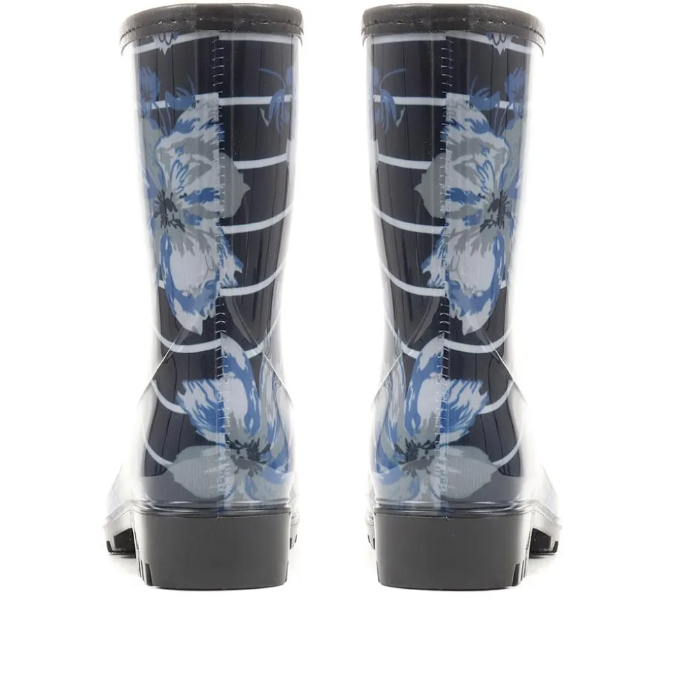 Floral Print Calf-length Wellies - Navy