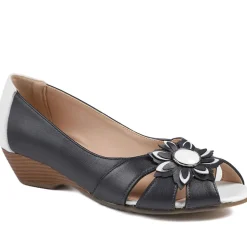 Flower Detail Peep Toe Wedge Pumps - Navy - White