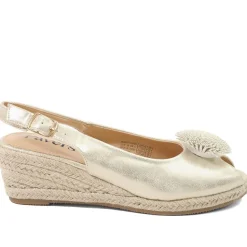 Flower Detail Peep Toe Wedge Sandals - Gold