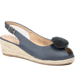 Flower Detail Peep Toe Wedge Sandals - Navy