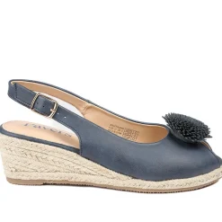Flower Detail Peep Toe Wedge Sandals - Navy