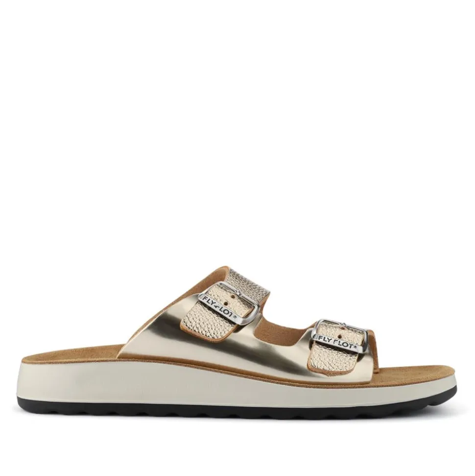 Fly Flot Dual Buckle Strapped Mule Sandals - Gold
