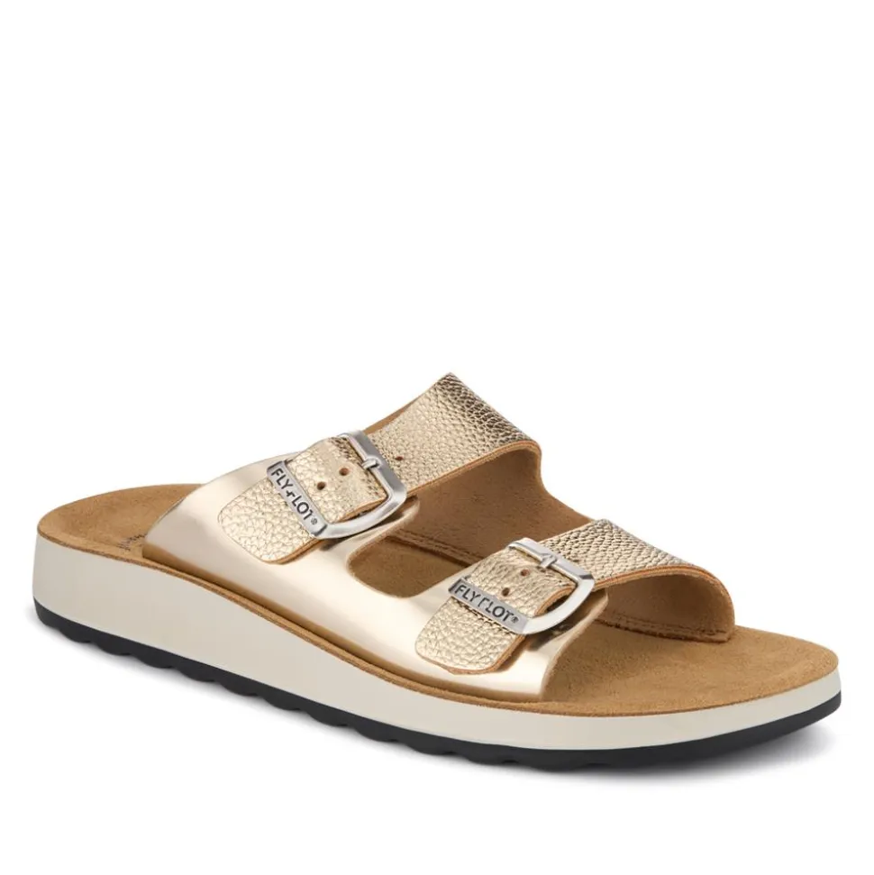 Fly Flot Dual Buckle Strapped Mule Sandals - Gold