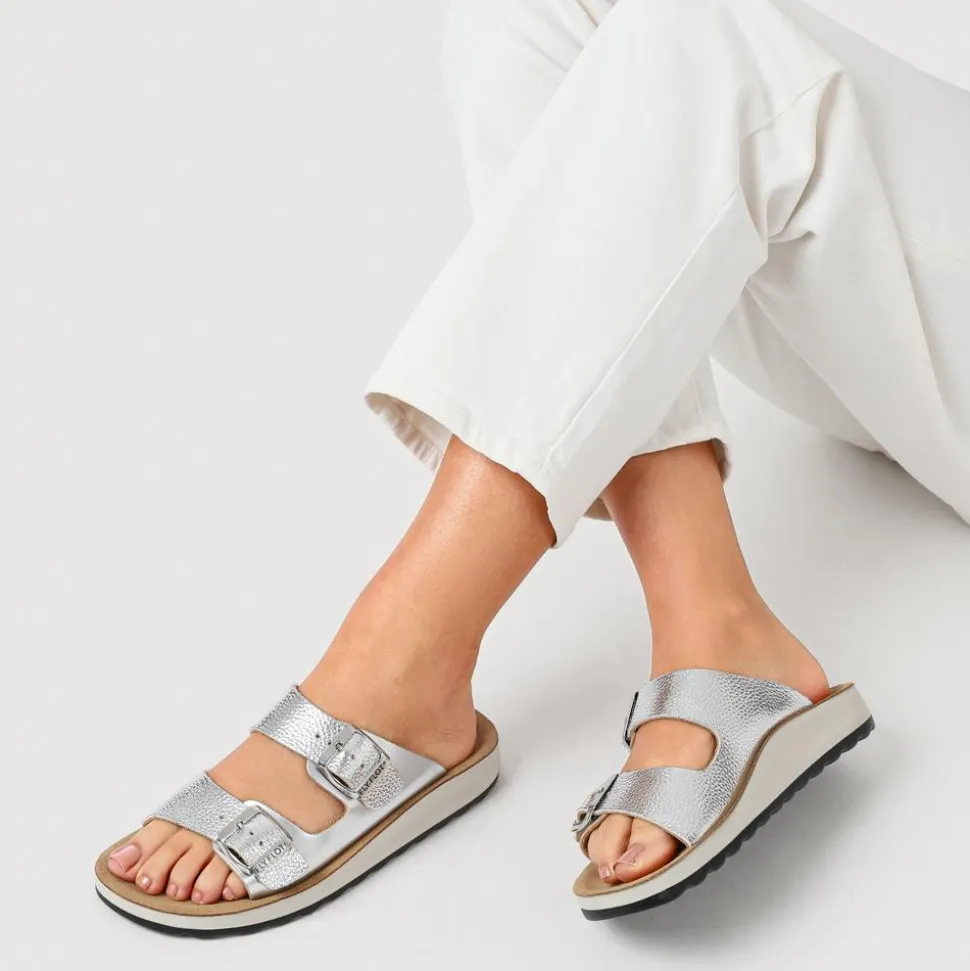 Fly Flot Dual Buckle Strapped Mule Sandals - Silver