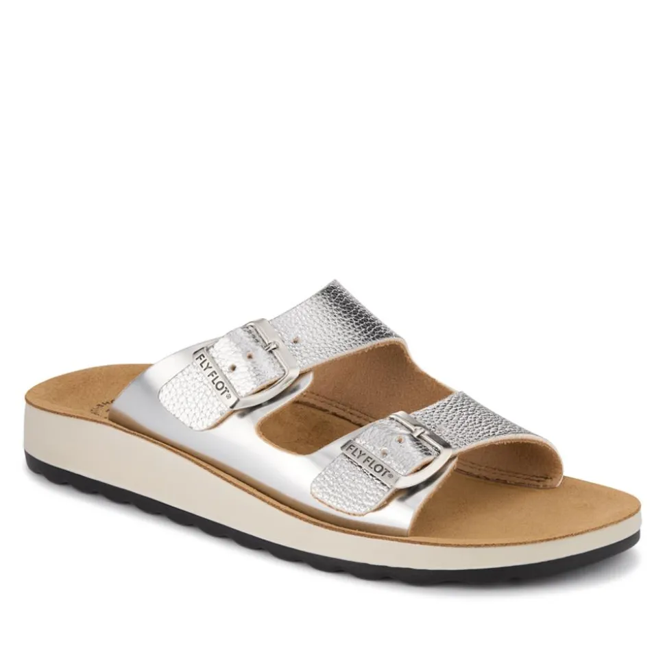 Fly Flot Dual Buckle Strapped Mule Sandals - Silver