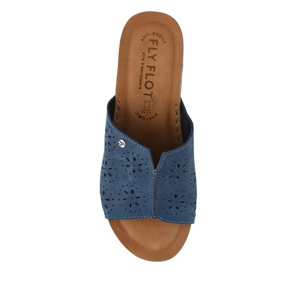 Fly Flot Leather Wedge Heeled Mules - Blue