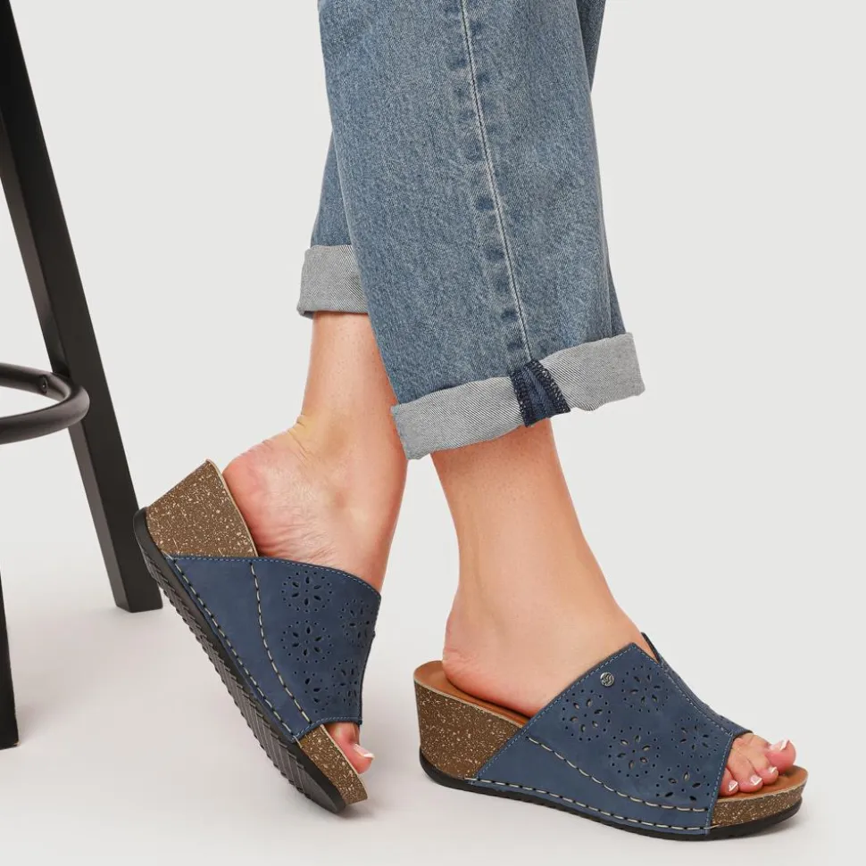 Fly Flot Leather Wedge Heeled Mules - Blue