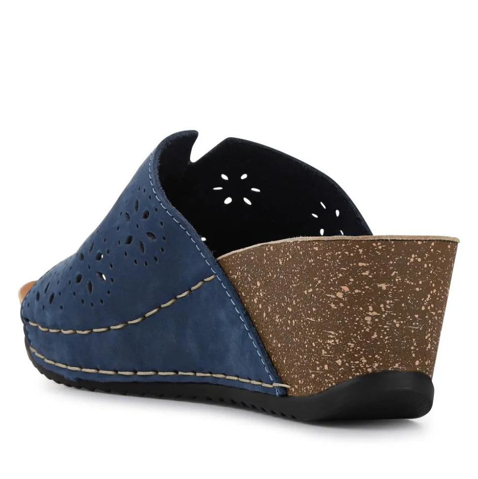 Fly Flot Leather Wedge Heeled Mules - Blue