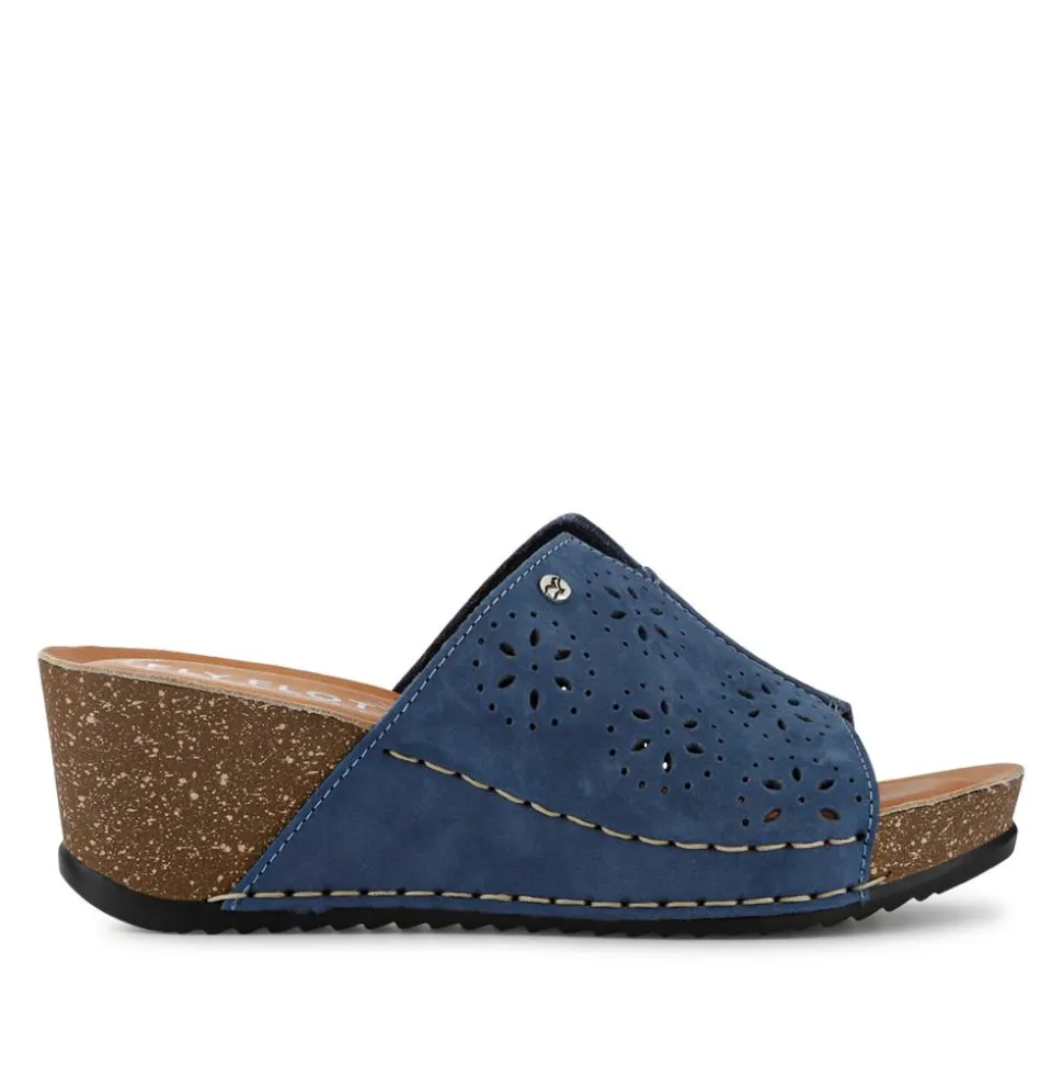 Fly Flot Leather Wedge Heeled Mules - Blue