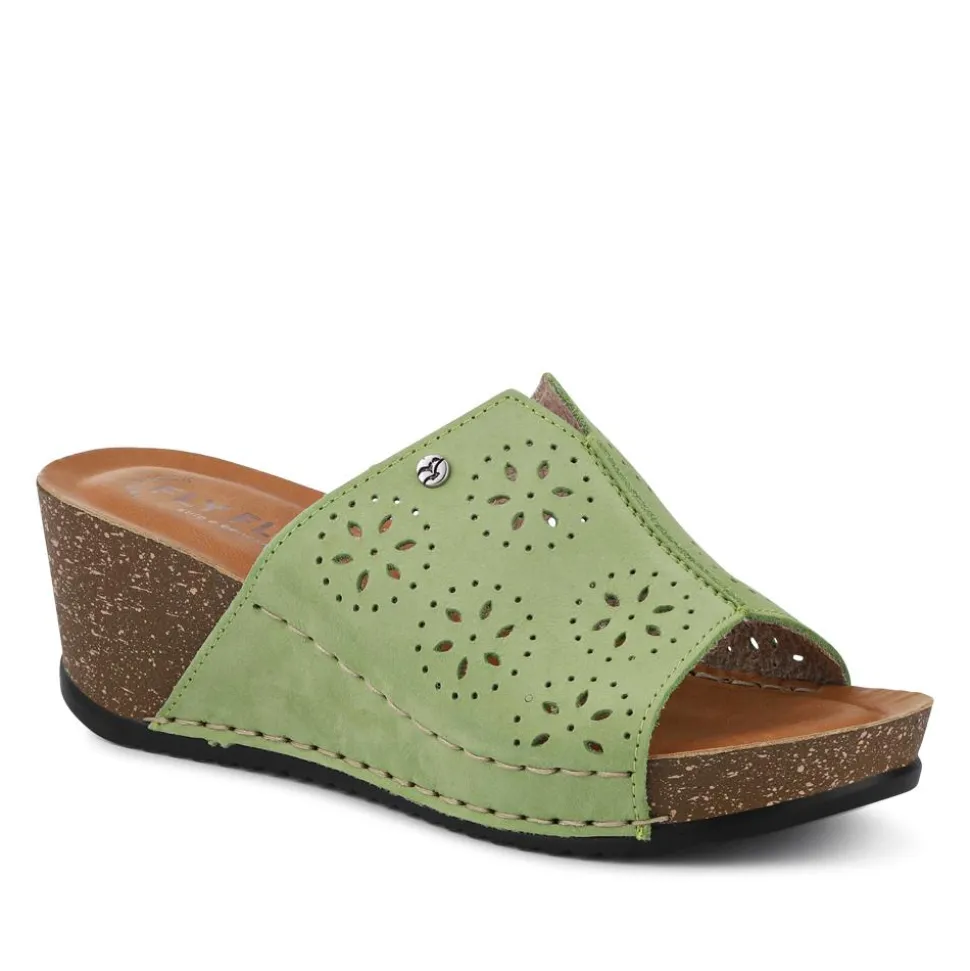 Fly Flot Leather Wedge Heeled Mules - Green
