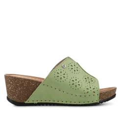 Fly Flot Leather Wedge Heeled Mules - Green