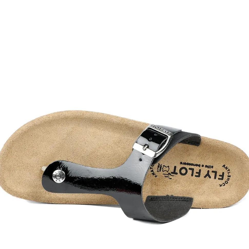 Fly Flot Toe Post Sandals - Black Patent