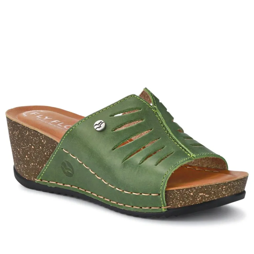 Fly Flot Wedge Heeled Mule Sandals - Green