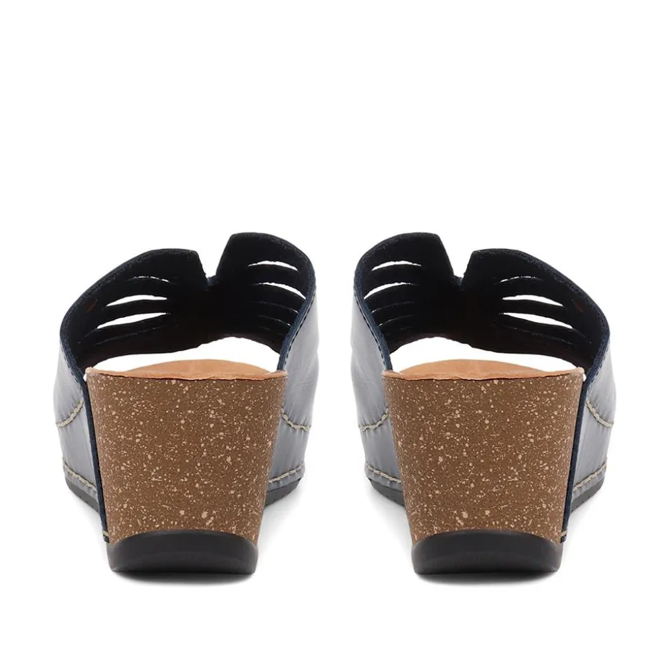 Fly Flot Wedge Heeled Mule Sandals - Navy