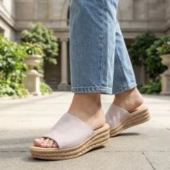 Gabor Leather Wedged Mule Sandals - Taupe