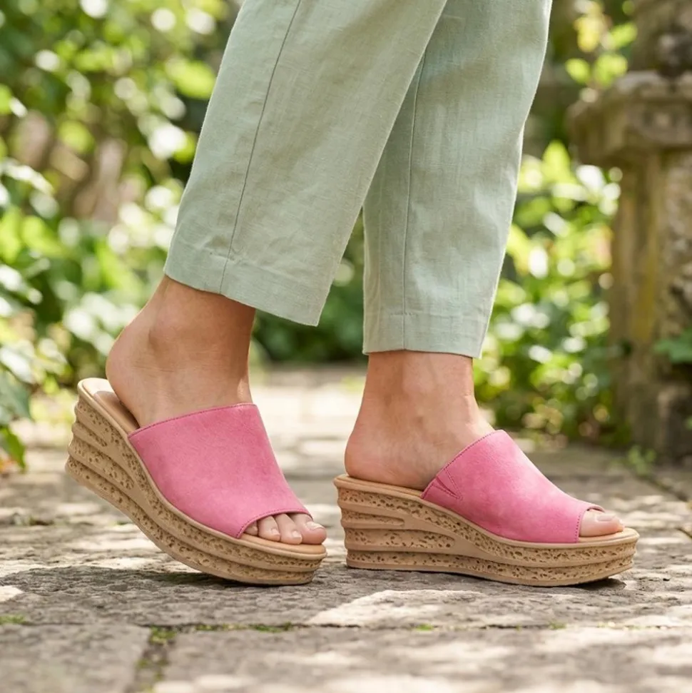 Gabor Leather Wedge Heel Mule Sandals - Fuchsia