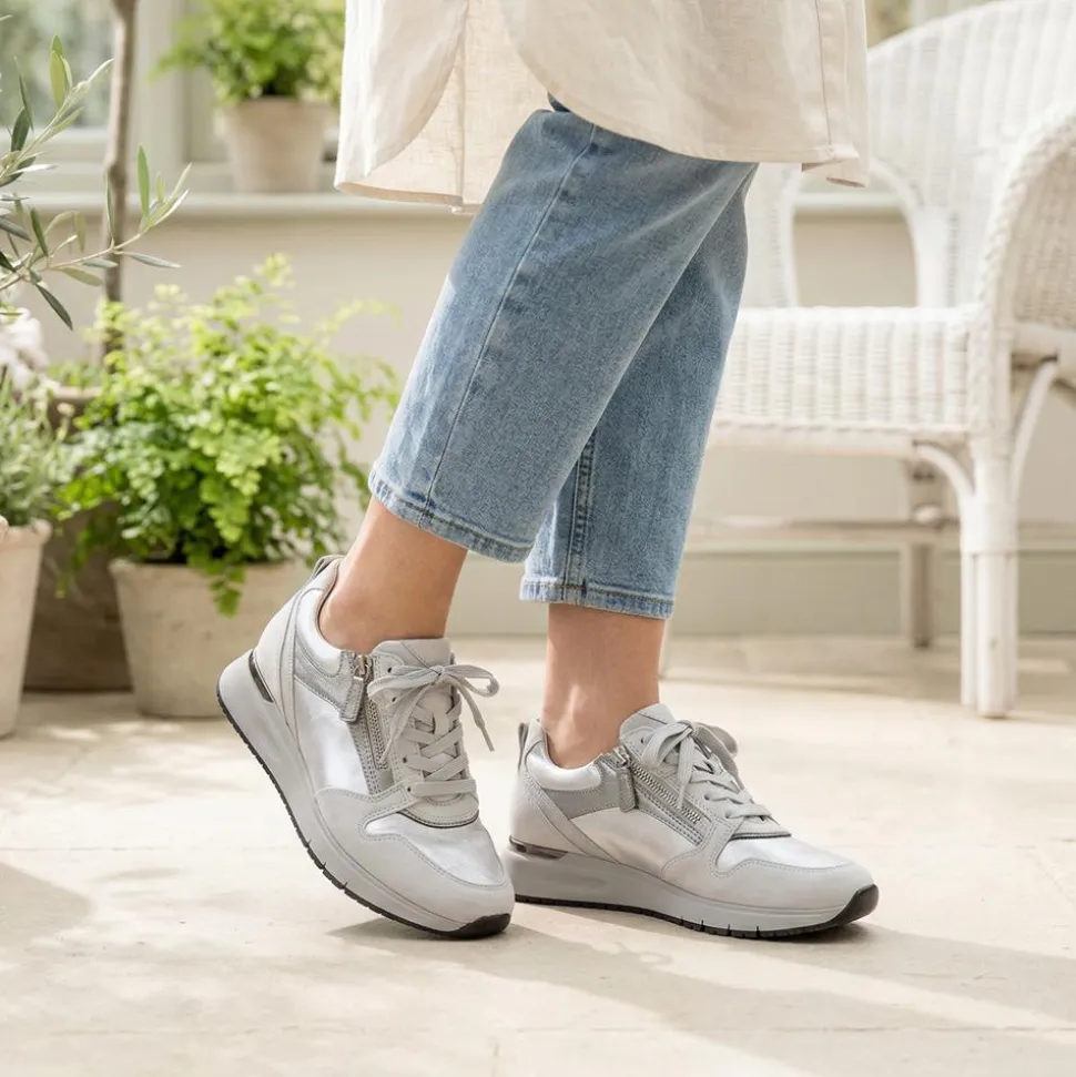 Gabor Leather Zip & Lace Trainers - Light Grey
