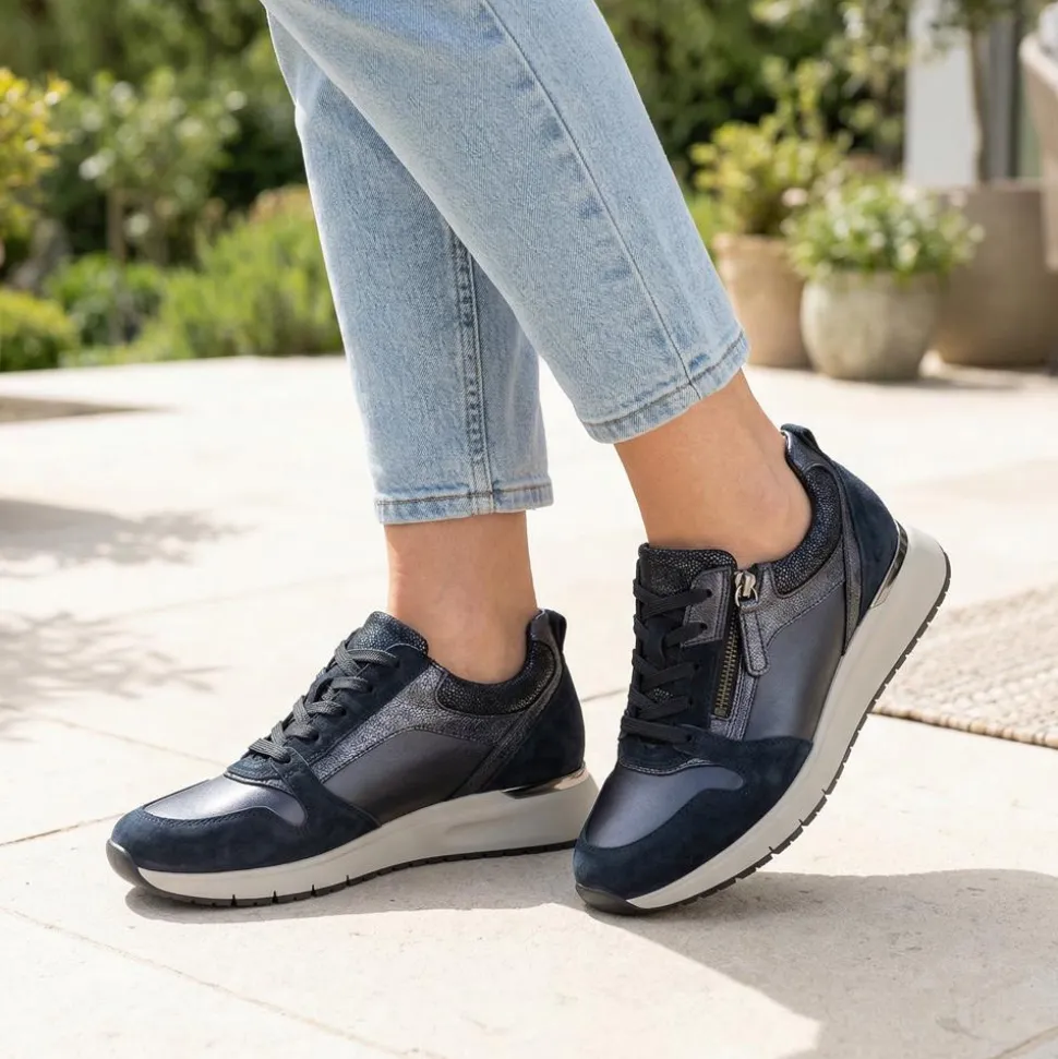 Gabor Leather Zip & Lace Trainers - Navy