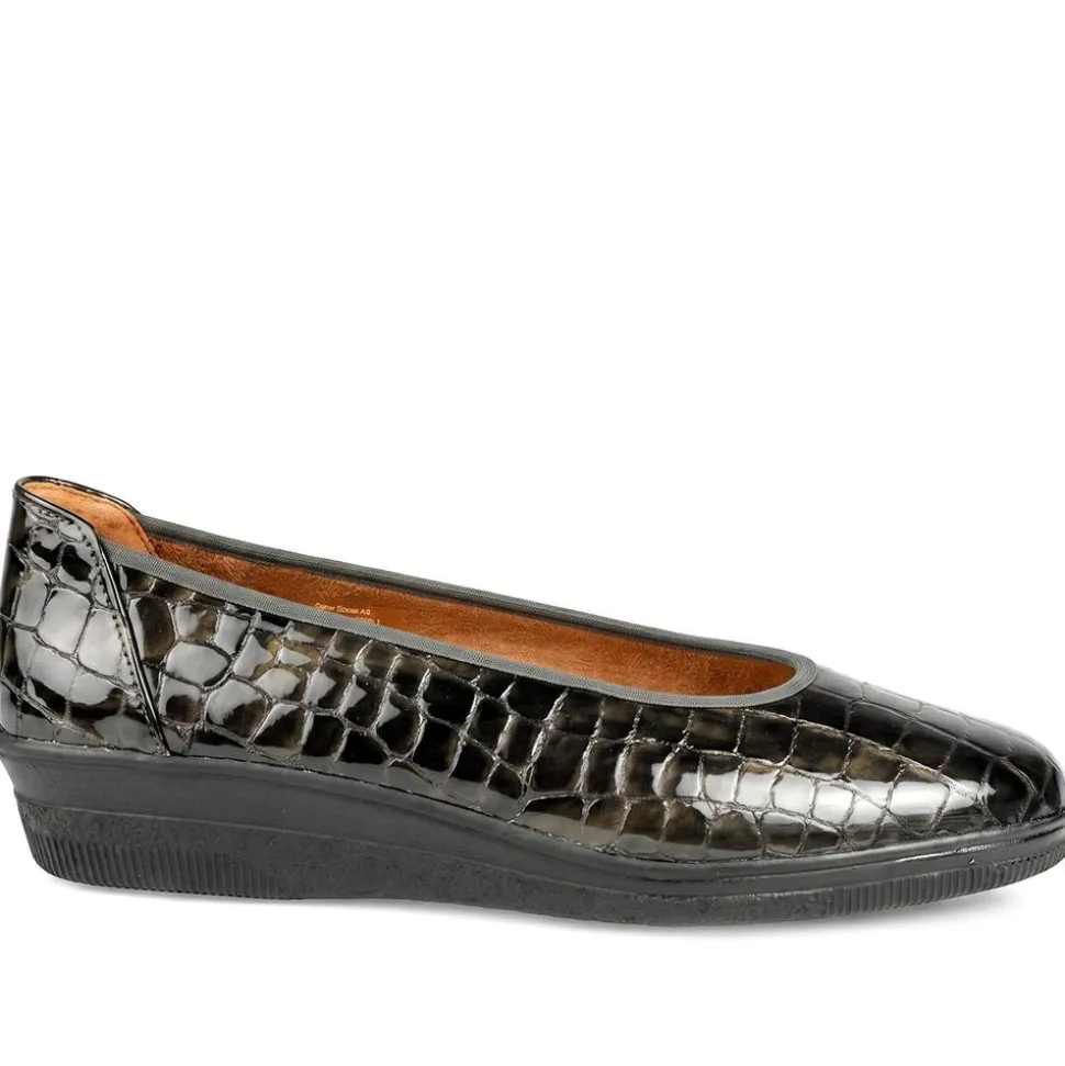Gabor Wide Fit Leather Chunky Sole Pumps - Brown Croc
