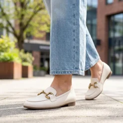 Gabor Wide Fit Leather Loafers With Chrome Snaffle - White