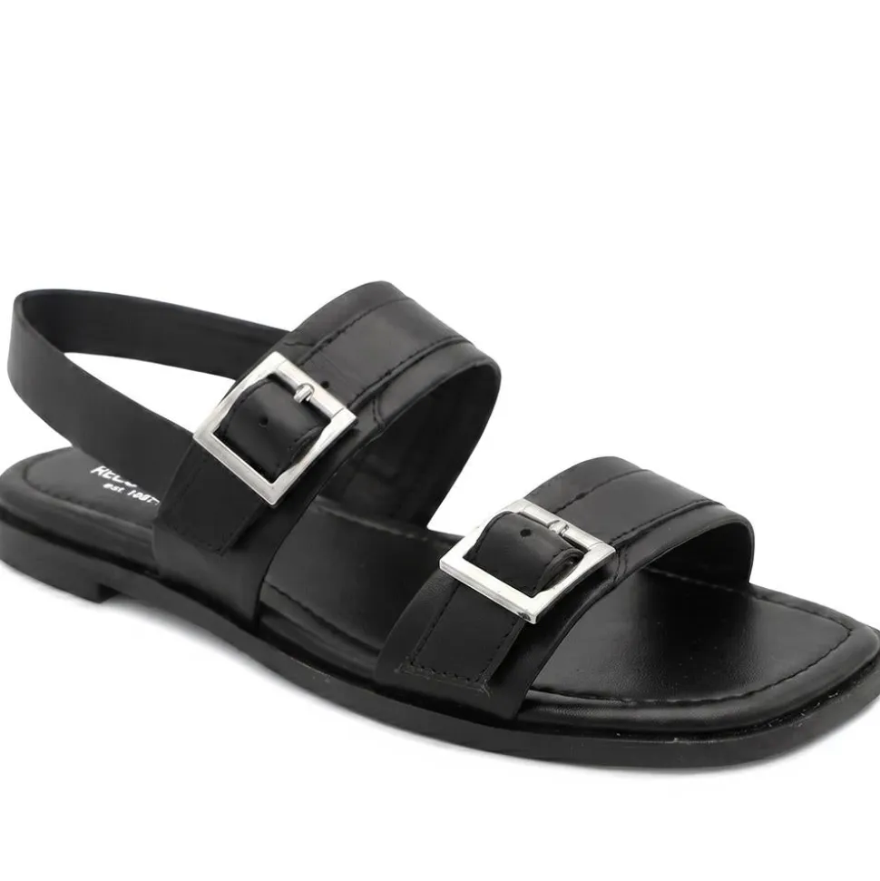Haniya Leather Dual Buckle Fasten Sandals - Black Leather