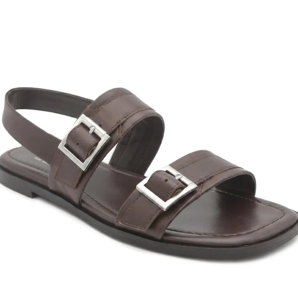 Haniya Leather Dual Buckle Fasten Sandals - Brown Leather