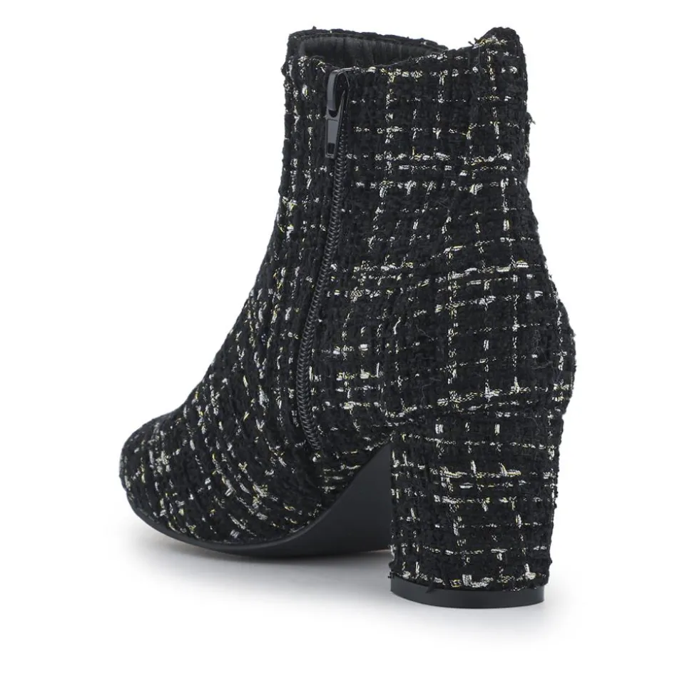 Heeled Buckle Detail Ankle Boots - Black Tweed