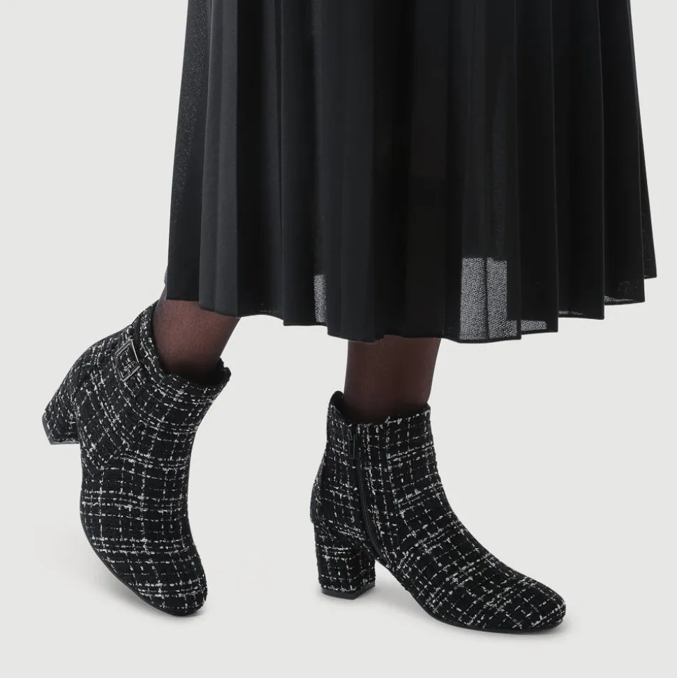 Heeled Buckle Detail Ankle Boots - Black Tweed