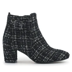 Heeled Buckle Detail Ankle Boots - Black Tweed
