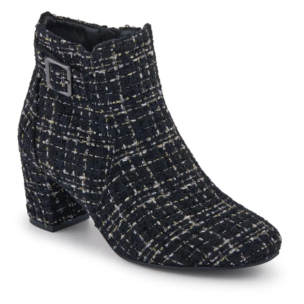 Heeled Buckle Detail Ankle Boots - Black Tweed