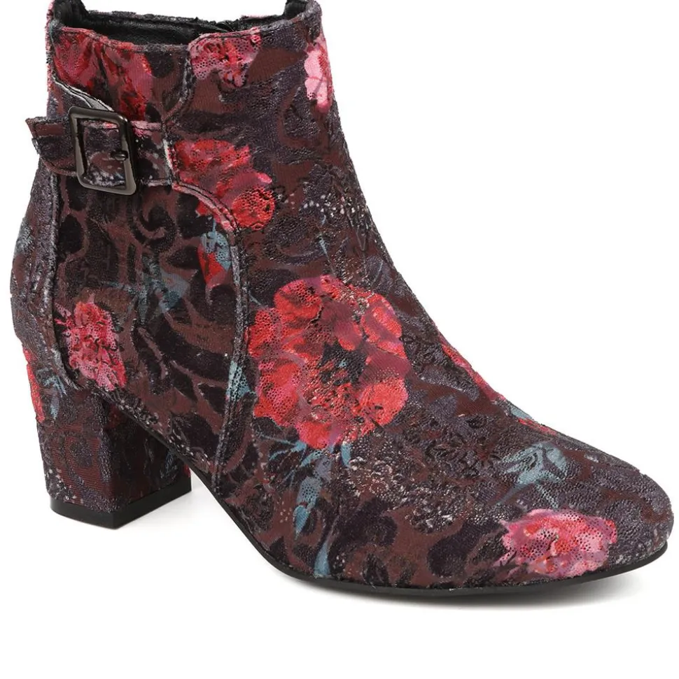 Heeled Buckle Detail Ankle Boots - Navy Floral