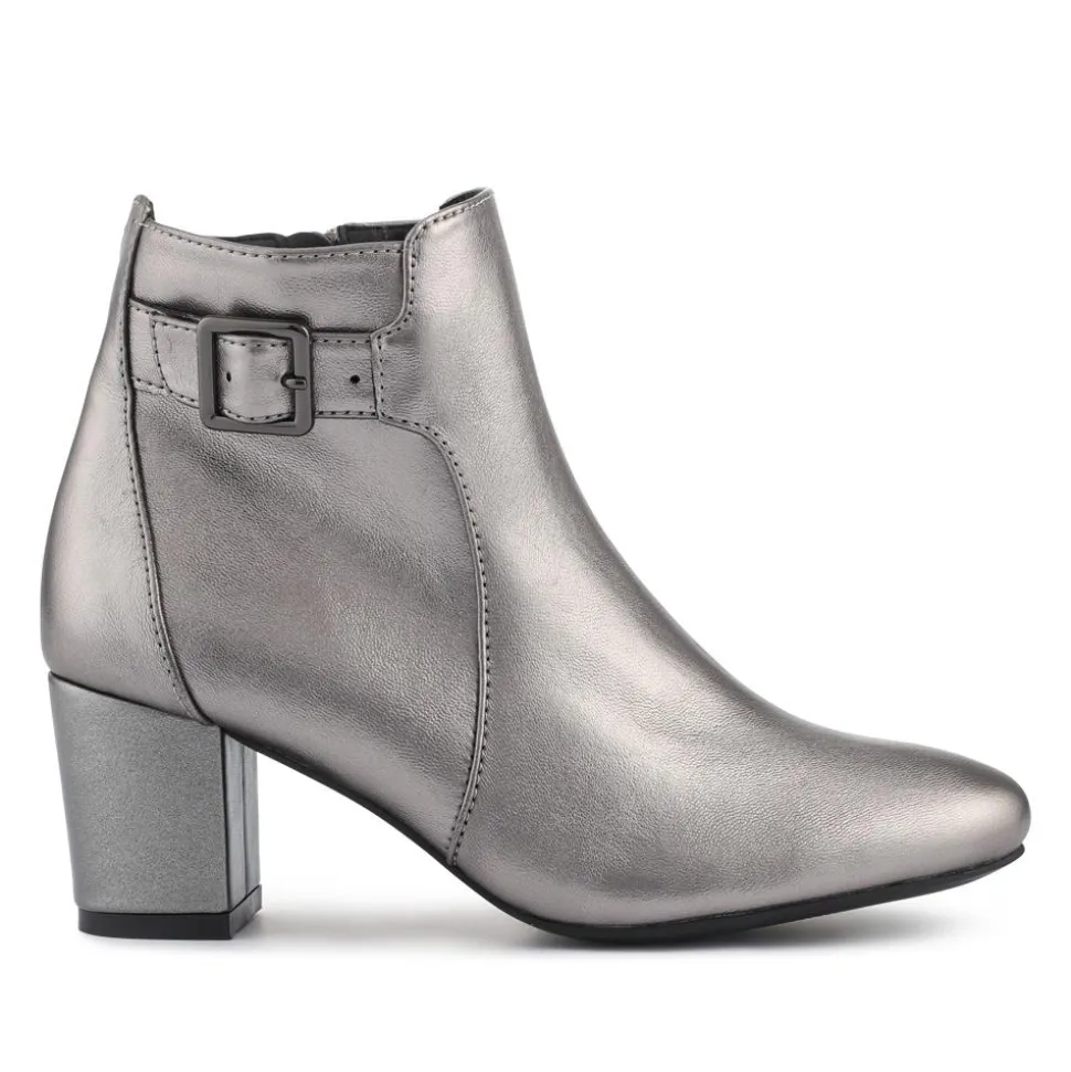 Heeled Buckle Detail Ankle Boots - Pewter