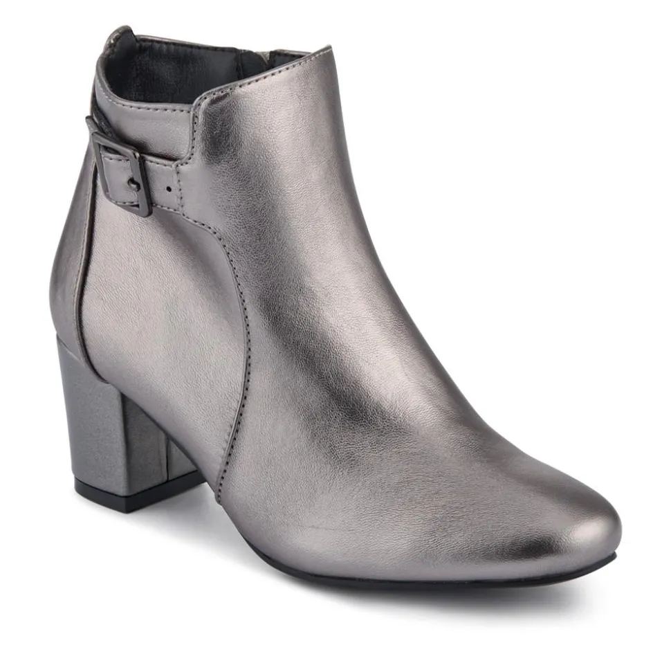 Heeled Buckle Detail Ankle Boots - Pewter