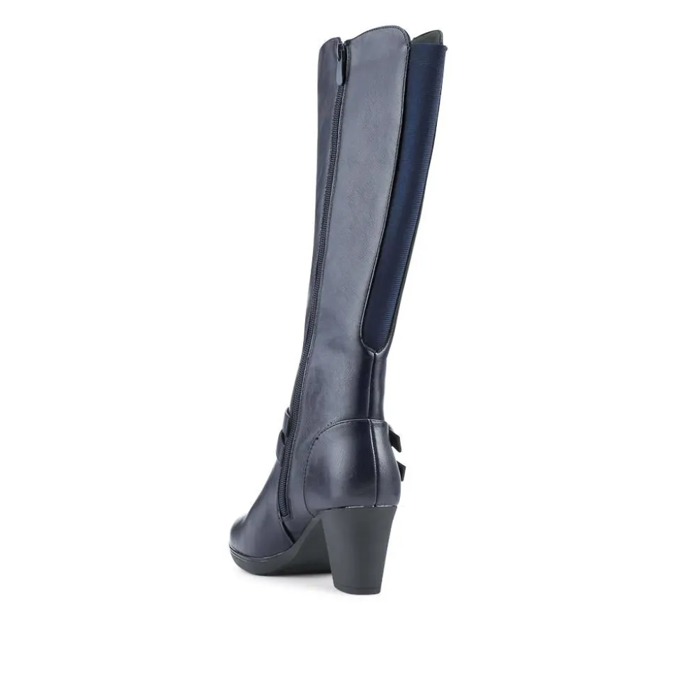 Heeled Calf-Stretch Long Boots - Navy