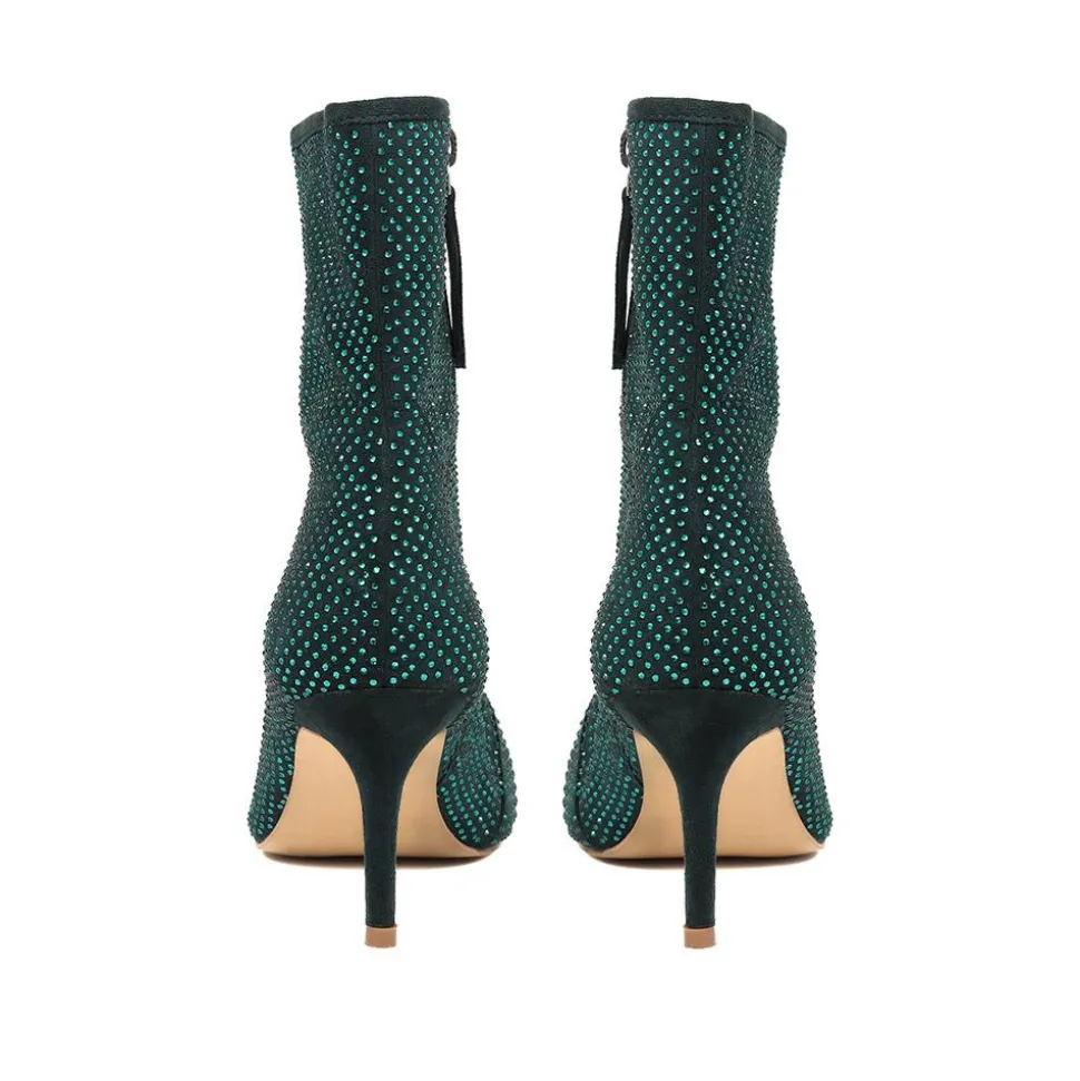 Jewelled Leather Heeled Boots - Green