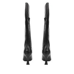 Knee-High Leather Heeled Boots - Black Croc
