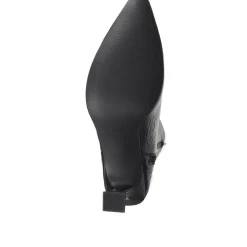 Knee-High Leather Heeled Boots - Black Croc