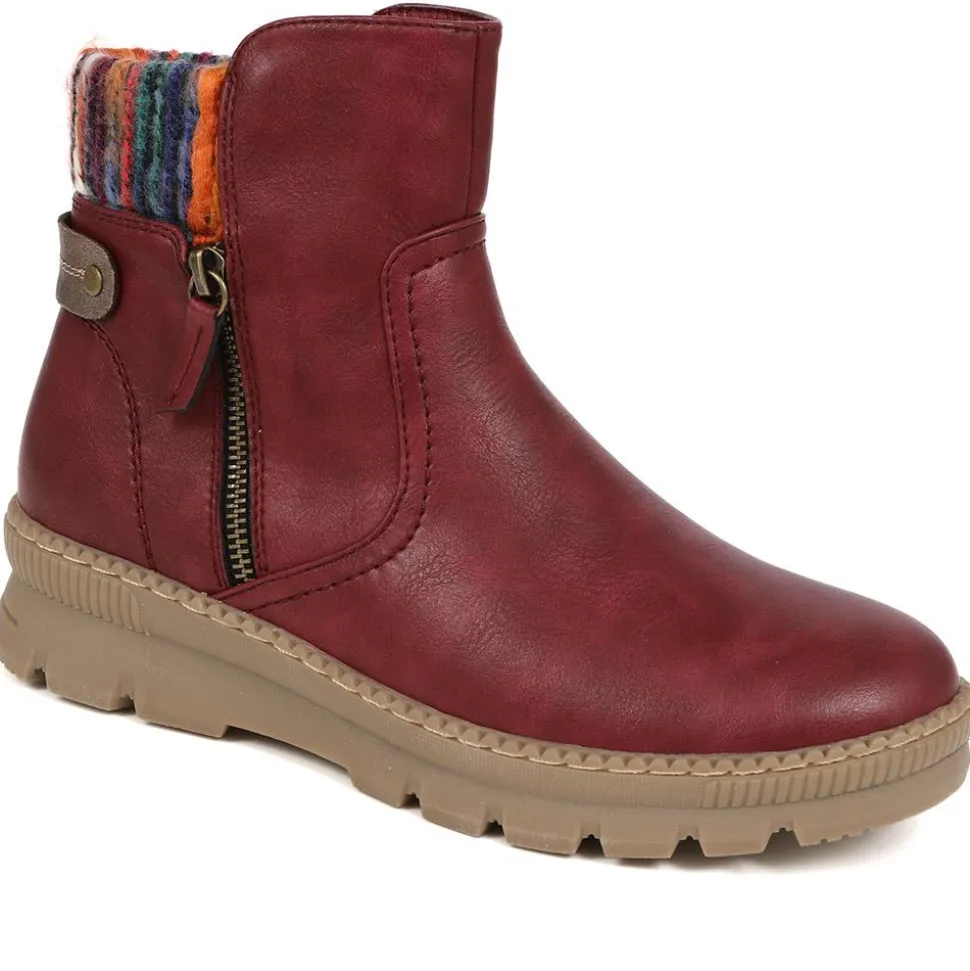 Knitted Cuff Ankle Boots - Burgundy