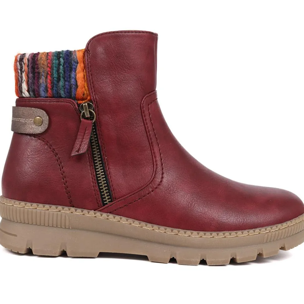 Knitted Cuff Ankle Boots - Burgundy