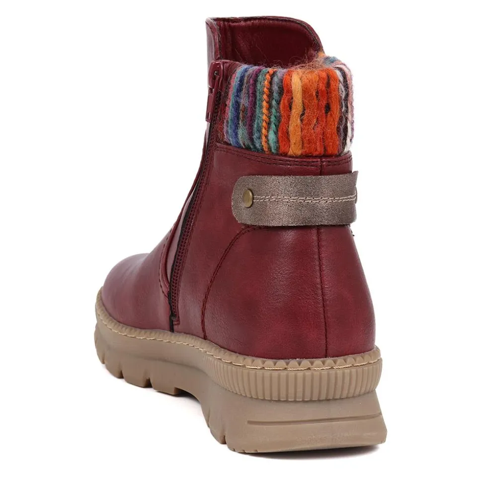 Knitted Cuff Ankle Boots - Burgundy