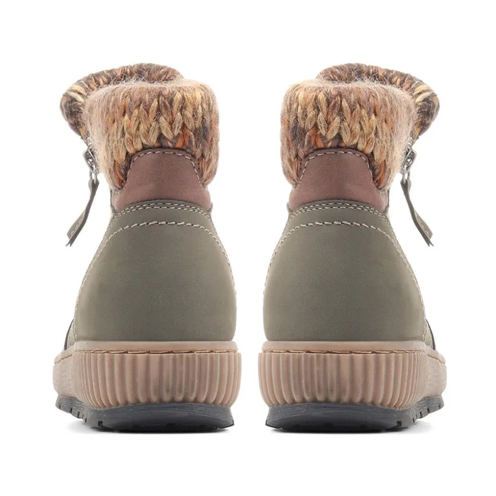 Knitted Cuff Ankle Boots - Khaki