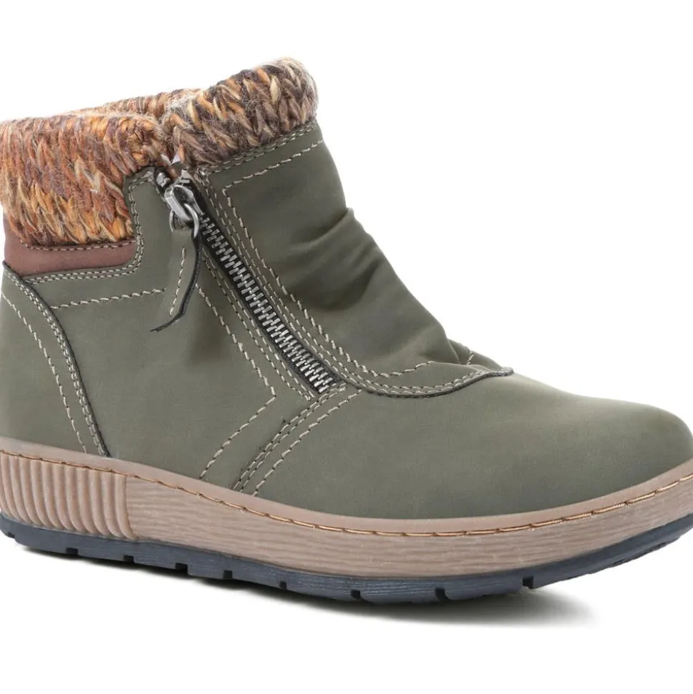Knitted Cuff Ankle Boots - Khaki