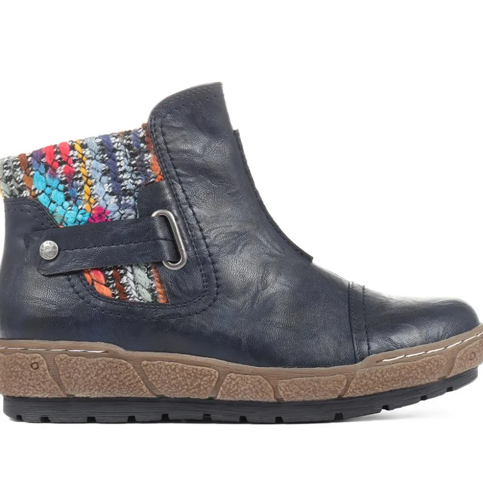Knitted Cuff Ankle Boots - Navy