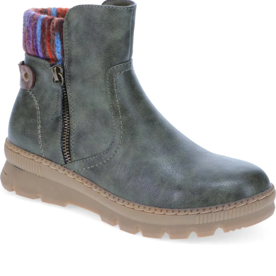 Knitted Cuff Ankle Boots - Olive